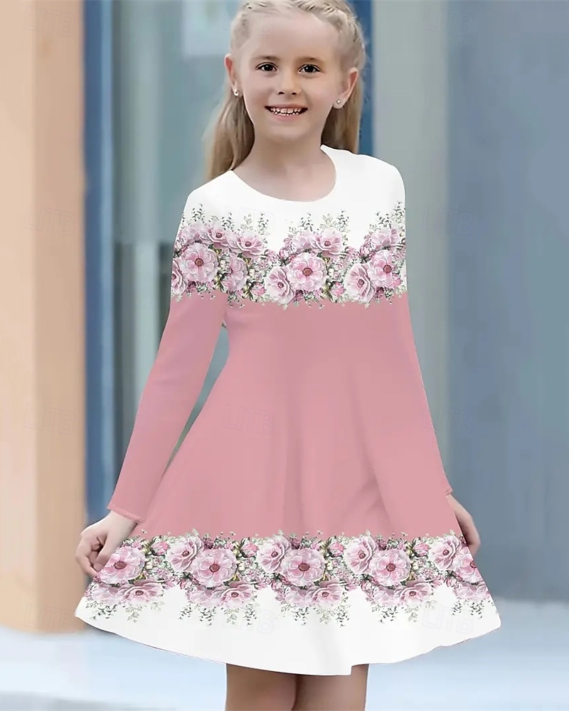 Pasen Meisjes 3D Bloemig Grafisch Jurk Lange mouw Zomer Lente Vakantie Dagelijks Feestdagen Prinses Mooi Zoet Kinderen 4-12 jaar Casual jurk A lijn jurk Tot de knie Normale pasvorm 2025 - $16.99 –P2