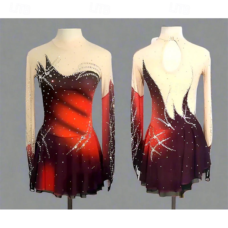 Figure Skating Dress Women's Girls' Ice Skating Dress Black Red Patchwork High Elasticity Training Competition Skating Wear Classic Crystal / Rhinestone Long Sleeve Ice Skating Figure Skating 2026 - $234.39 –P1