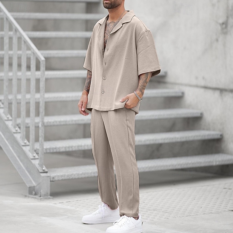 Voor heren 2-delig Overhemdset Zomerset Normaal shirt Overhemd met knopen Zwart Blozend Roze khaki Halve mouw Effen Kraag Vakantie Dagelijks Kleding Modieus Casual Comfortabel 2025 - $37.99 –P5