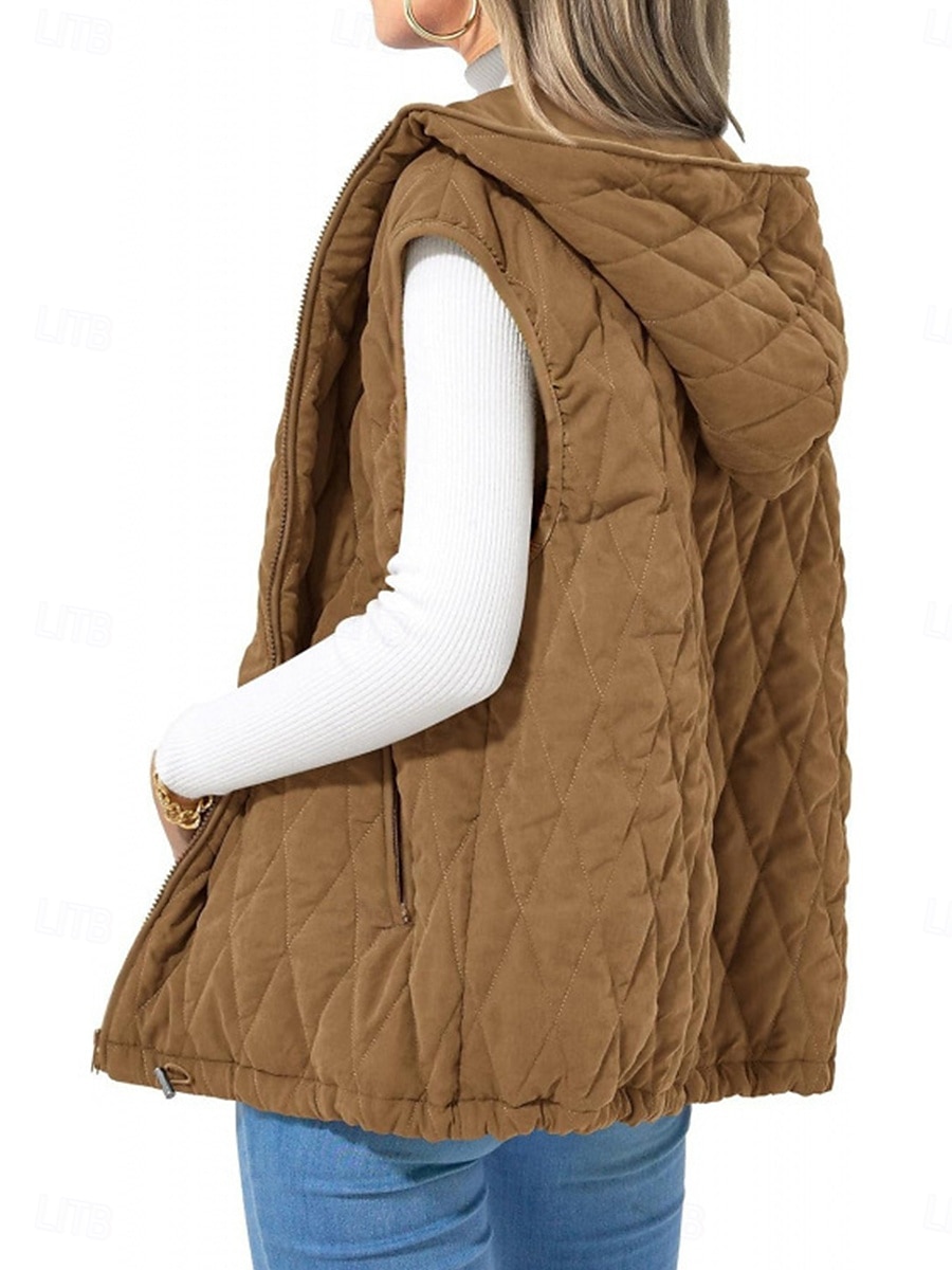 Damen Puffer Weste Steppweste Windundurchlässig warm halten Patchwork Einfach Feste Farbe Täglich Standard Mit Kapuze Regular Fit Ärmellos Oberbekleidung Schwarz Weiß Kamel Herbst Winter 2025 - $52.99 –P2