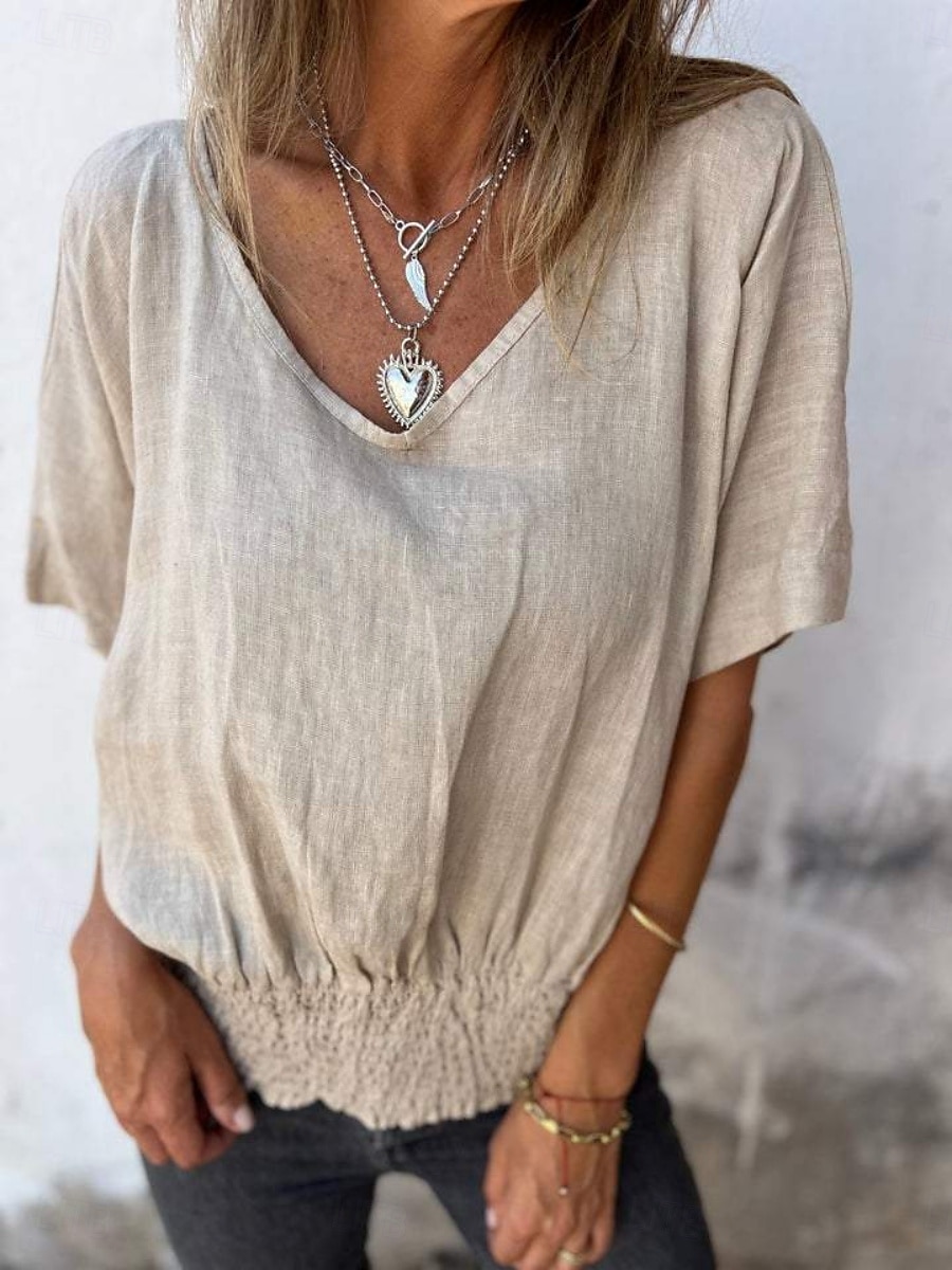 Dame Skjorte Bluse Skjorter i bomullslin Helfarge Grunnleggende Fritid Kortermet V-hals Vanlige topper Daglig Rynket Hvit Brun Beige Sommer Vår 2025 - $26.99 –P3