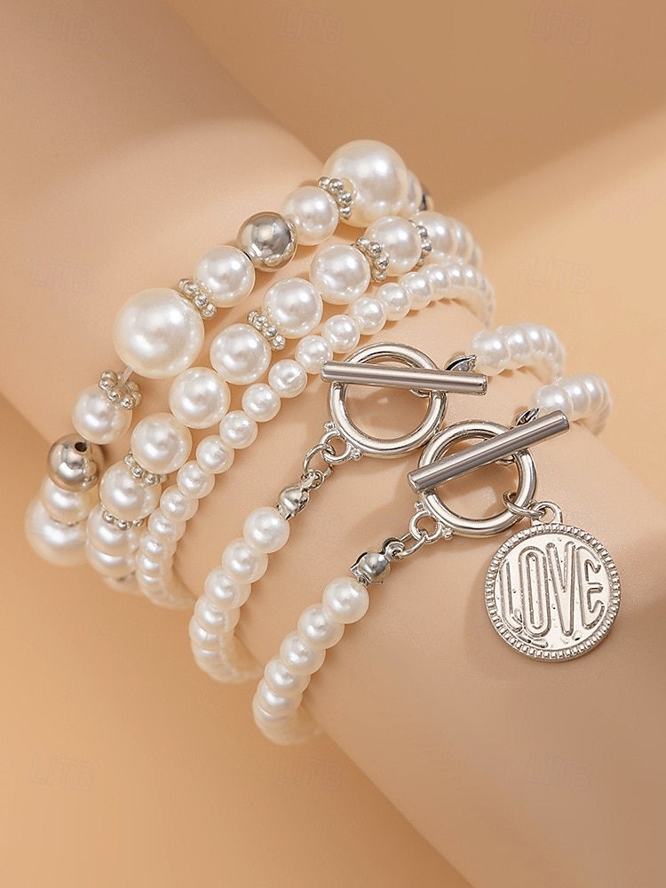 Juego de pulseras de perlas de imitación para mujer con detalles dorados, diseño elegante de múltiples capas, joyería de moda para bodas, fiestas y eventos formales. 2025 - $4.99 –P3