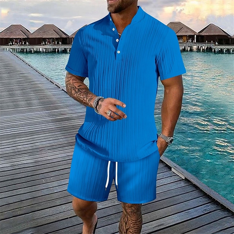 Herr 2 delar Skjorta set Sommar set Matchande set Casual skjorta Knapp upp skjorta Svart Vit Kungsblå Khaki grön Ljusblå Kortärmad Slät Krage Semester Dagligen Kläder Mode Ledigt Bekväm 2026 - $35.99 –P7