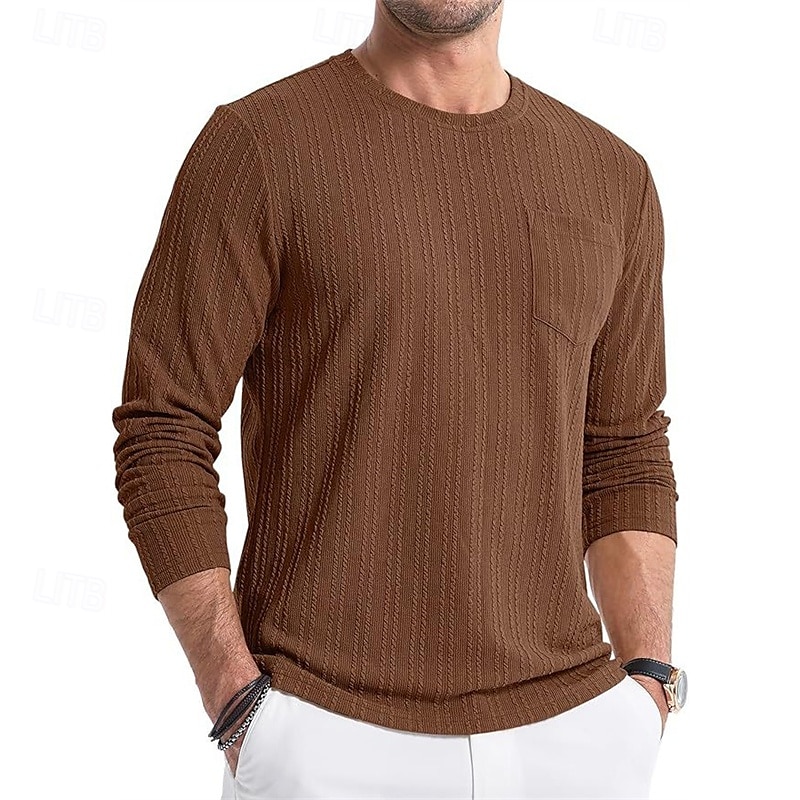 Herren T Shirt T-Shirt Langarmshirt Langarm Rundhalsausschnitt Frühling & Herbst Einfach Mode Designer Basic Tasche Jacquard Urlaub Straße Ausgehen Dunkel Braun Schwarz Weiß Top T-Shirt für Herren 2025 - $24.99 –P7