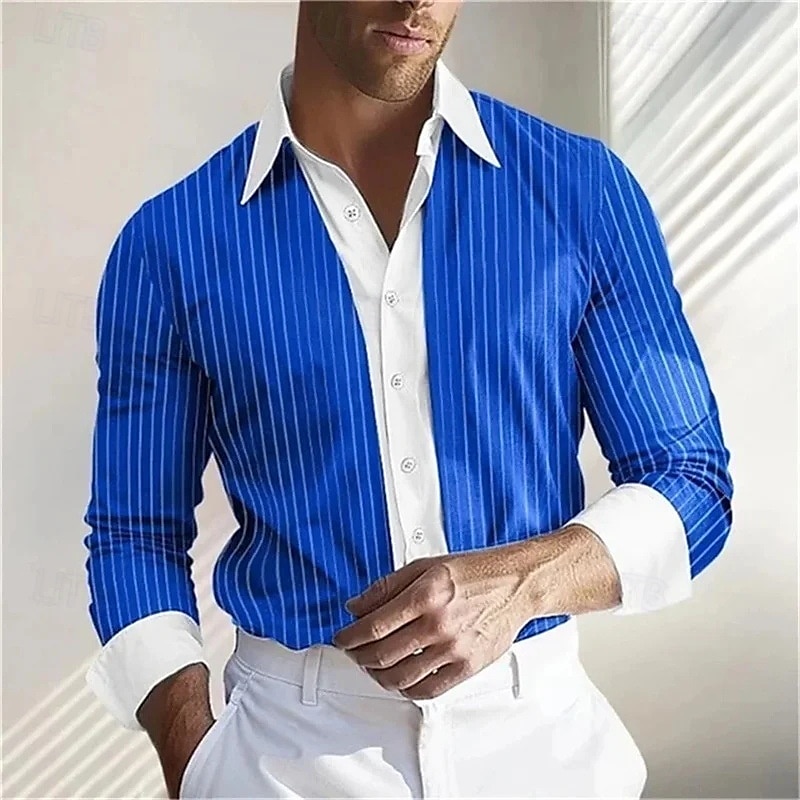 Herrenhemd Langarmhemd Freizeithemd blau gestreiftes Hemd Kontrastkragen Sommerhemd Button-Up-Hemd Polyester schwarz blau lila orange Streifen Revers Urlaub hawaiianische Kleidung Bekleidung Mode 2025 - $8.59 –P6