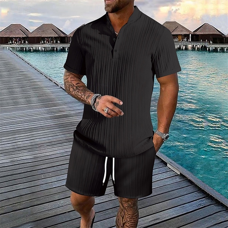 Herr 2 delar Skjorta set Sommar set Matchande set Casual skjorta Knapp upp skjorta Svart Vit Kungsblå Khaki grön Ljusblå Kortärmad Slät Krage Semester Dagligen Kläder Mode Ledigt Bekväm 2026 - $35.99 –P1
