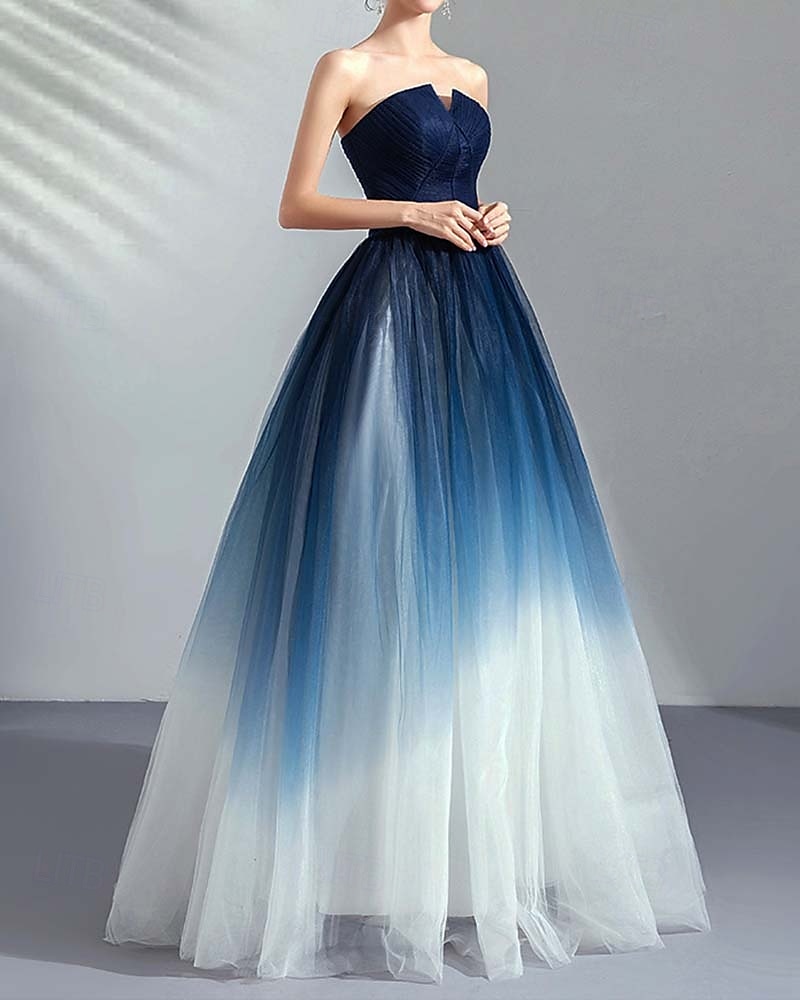 Ombre A-vonalú báliruha estélyi ruha redőzött formális álarcosbál floor length ujj nélküli strapless tüll 2025 2025 - $108.99 –P2