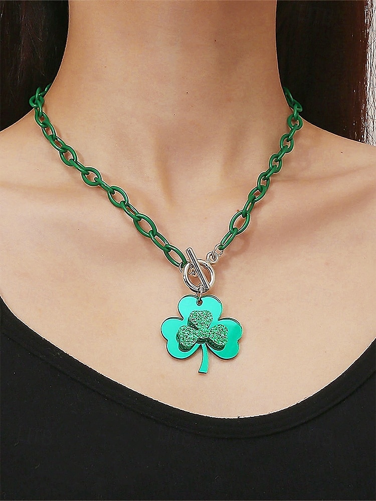 αγ. Patrick's day κολιέ τριφύλλι – πράσινος κρίκος αλυσίδας με τετράφυλλο μενταγιόν από τριφύλλι, γιορτινά statement κοσμήματα για γυναίκες, αξεσουάρ γιορτών και πάρτι 2025 - $7.99 –P1