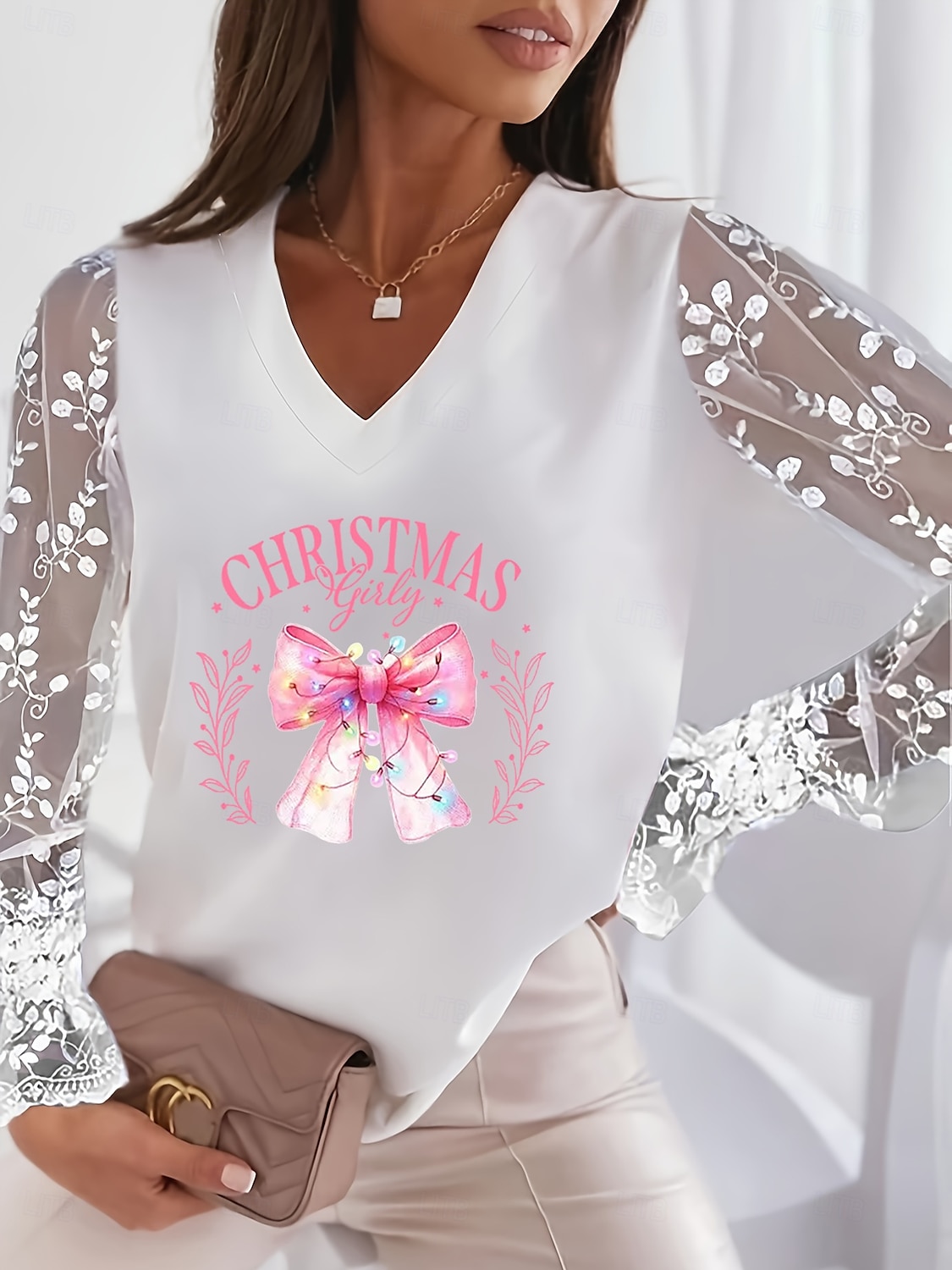 női valentin szív póló csipke toldás felső elegáns divat aranyos szív grafika normál felsők hosszú ujjú lámpás ujjú nyak csipke patchwork rendes fit party valentin nap 2025 - $21.99 –P1