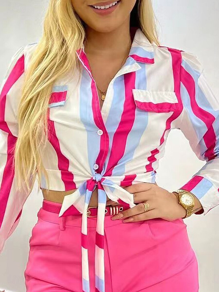 Damen Hemd Bluse Gestreift Basic Brautkleider schlicht 3/4 Ärmel Hemdkragen Normale Oberteile Täglich Spitze Rüsche Patchwork Rote Purpur Grün Sommer Frühling 2025 - $29.99 –P3