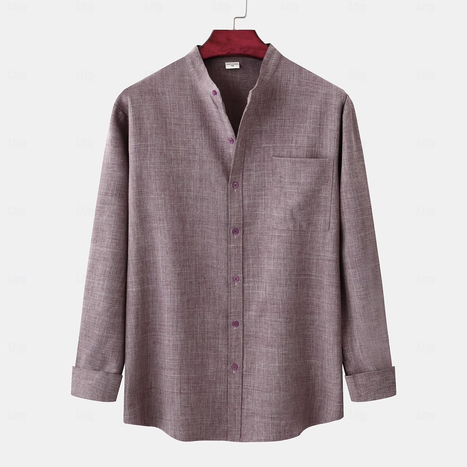 Herren Hemd leinenhemd Hemd mit Stehkragen Knopfhemd Glatt Urlaub Festtage Purpur Khaki Grau Langarm Stehkragen Sommer Frühling & Herbst Bekleidung 2025 - $29.99 –P3