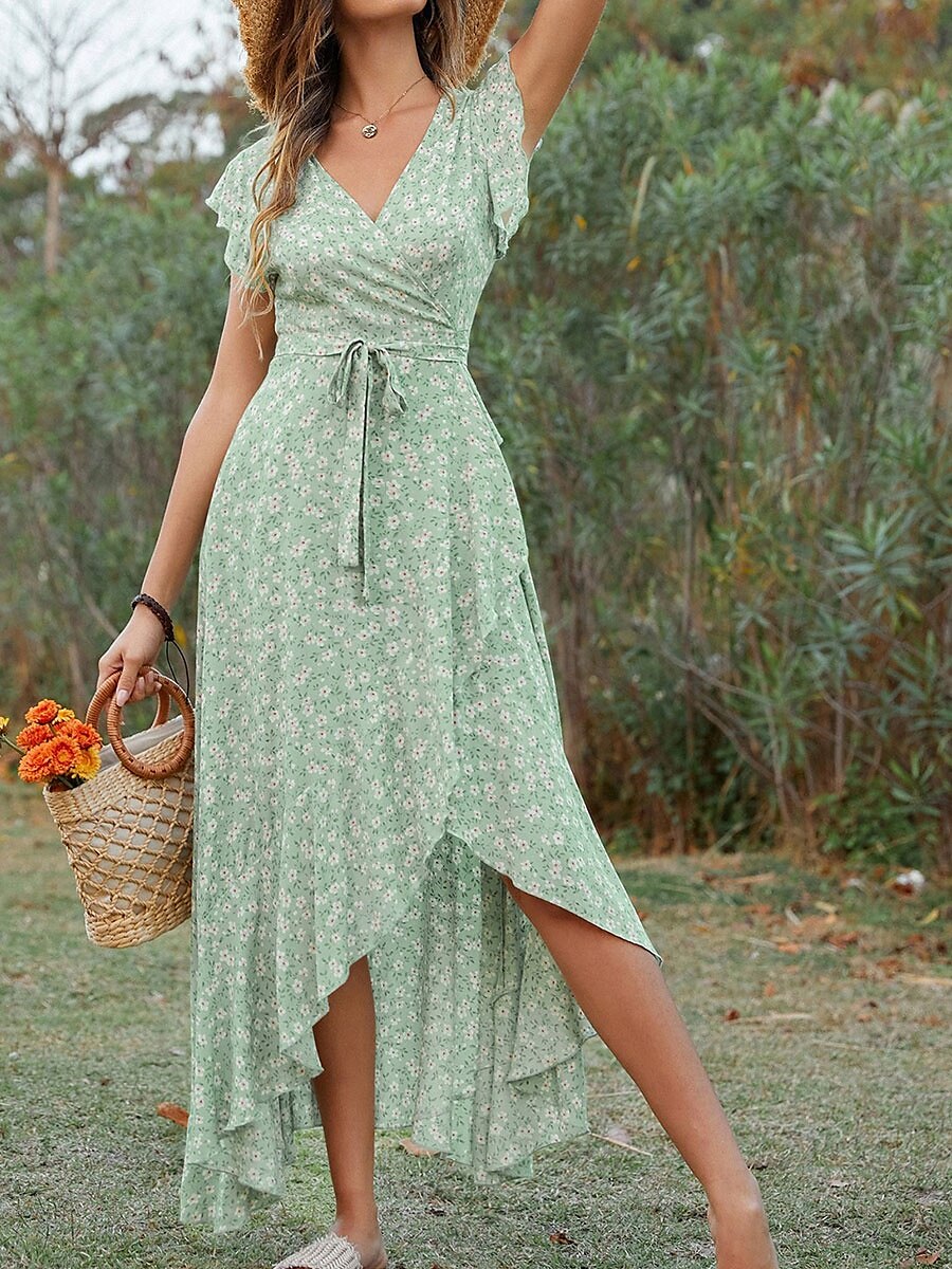 Dames Maxi-jurk Casual jurk Boho chique jurken Bohemen leuke Style Stijlvol Flutter mouw Vakantie Dagelijks Strand Ruim Passend Grafisch Korte mouw V-hals Groen Donkerblauw Zomer Lente 2025 - $43.99 –P5