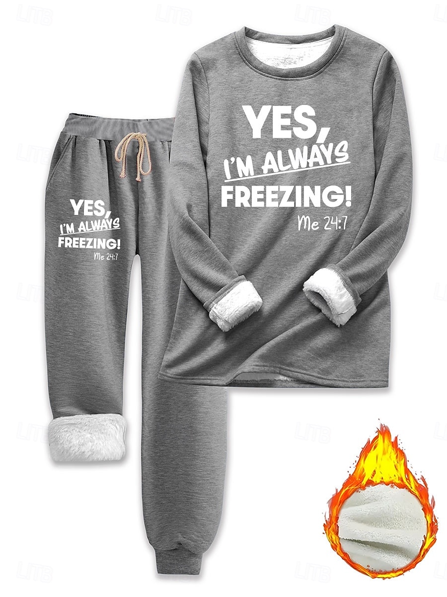 Dame 2-delt Loungewear Sett Pyjamas Fleece Fluffy Lang Erme Topp og Bukse Tekst Trykk Komfort Avslappet Hjemme Slitasje Snor Solid Koselig Vinter 2025 - $43.99 –P5