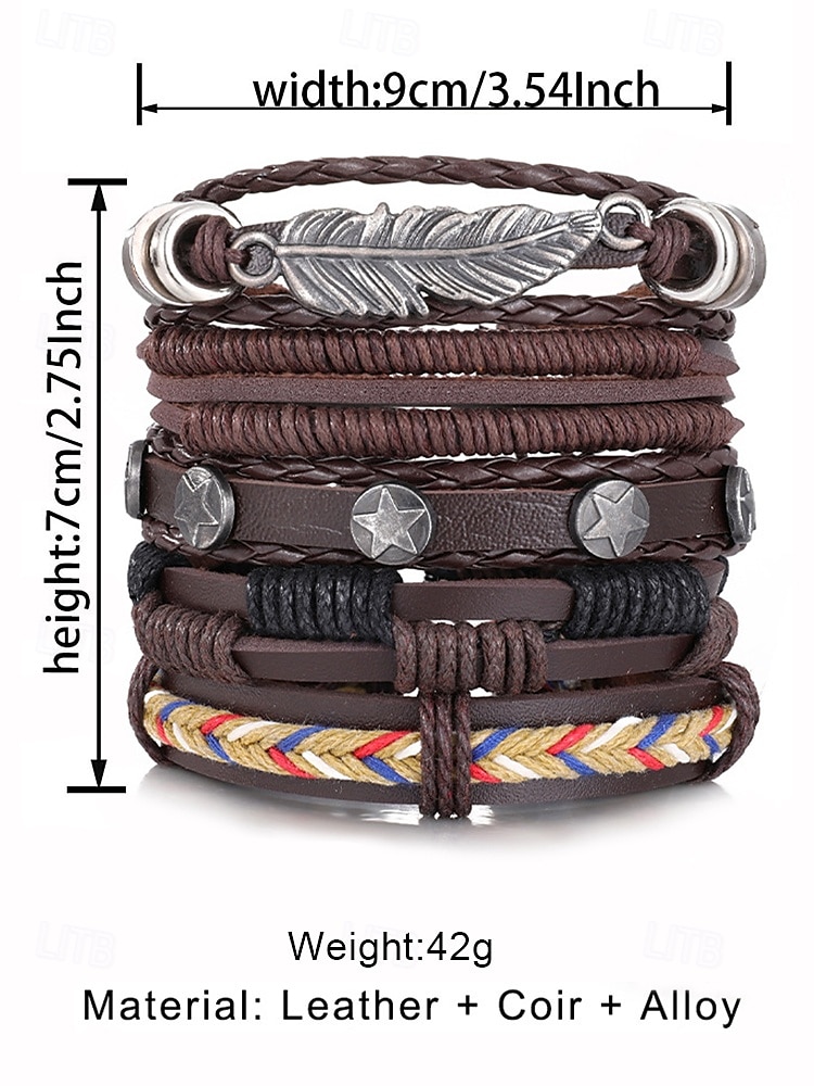 Мужской винтажный многослойный кожаный браслет с подвесками в виде перьев и звезд, регулируемые браслеты для повседневной носки, аксессуары в стиле бохо для вечеринок и подарков 2026 - $11.99 –P4