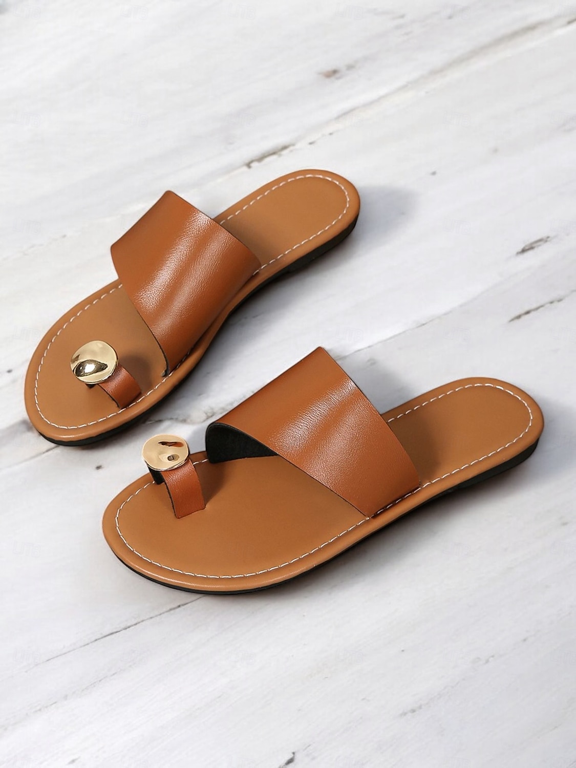 Women's Brown Slip-On Toe Ring Sandals with Gold Accent, Minimalist Flat Slides for Casual Summer and Beach Wear 2025 - $19.99 –P2
