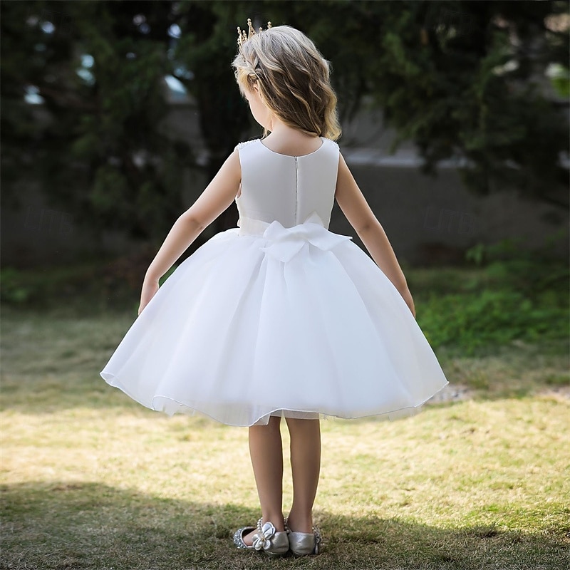 Robe de Demoiselle d'Honneur Fille enfants Fille Robe de princesse Utilisation Mariage Soirée Elégant Magnifique Maille Couleur unie Sans Manches Col Ras du Cou Blanche Champagne 4 ans et + de 2025 ? $38.99 –P8