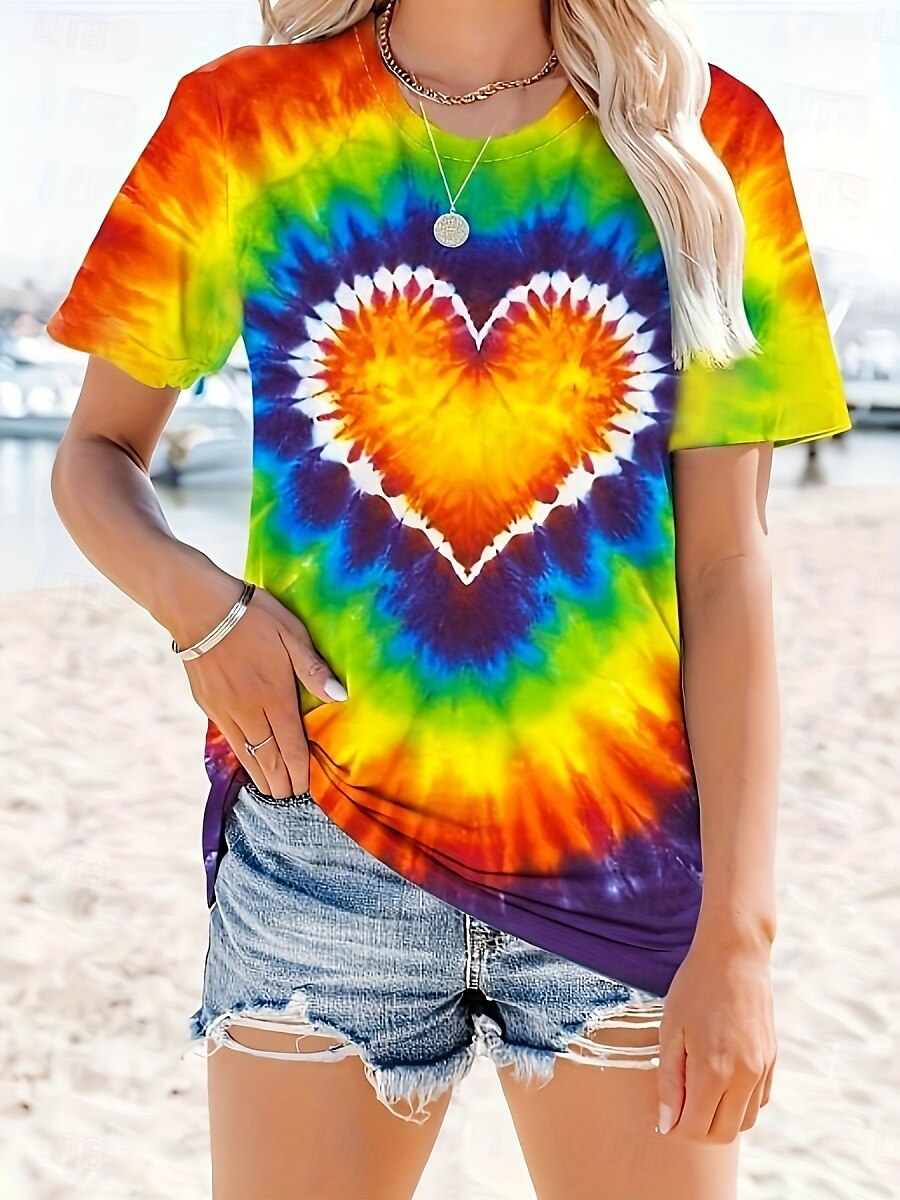 Valentine Dame Hjerte T-Skjorte Sød Tie Dye Vanlige Topper Kort Erme Rund Hals Print Vanlig Passform Daglig Regnbue Sommer 2025 - $19.99 –P1