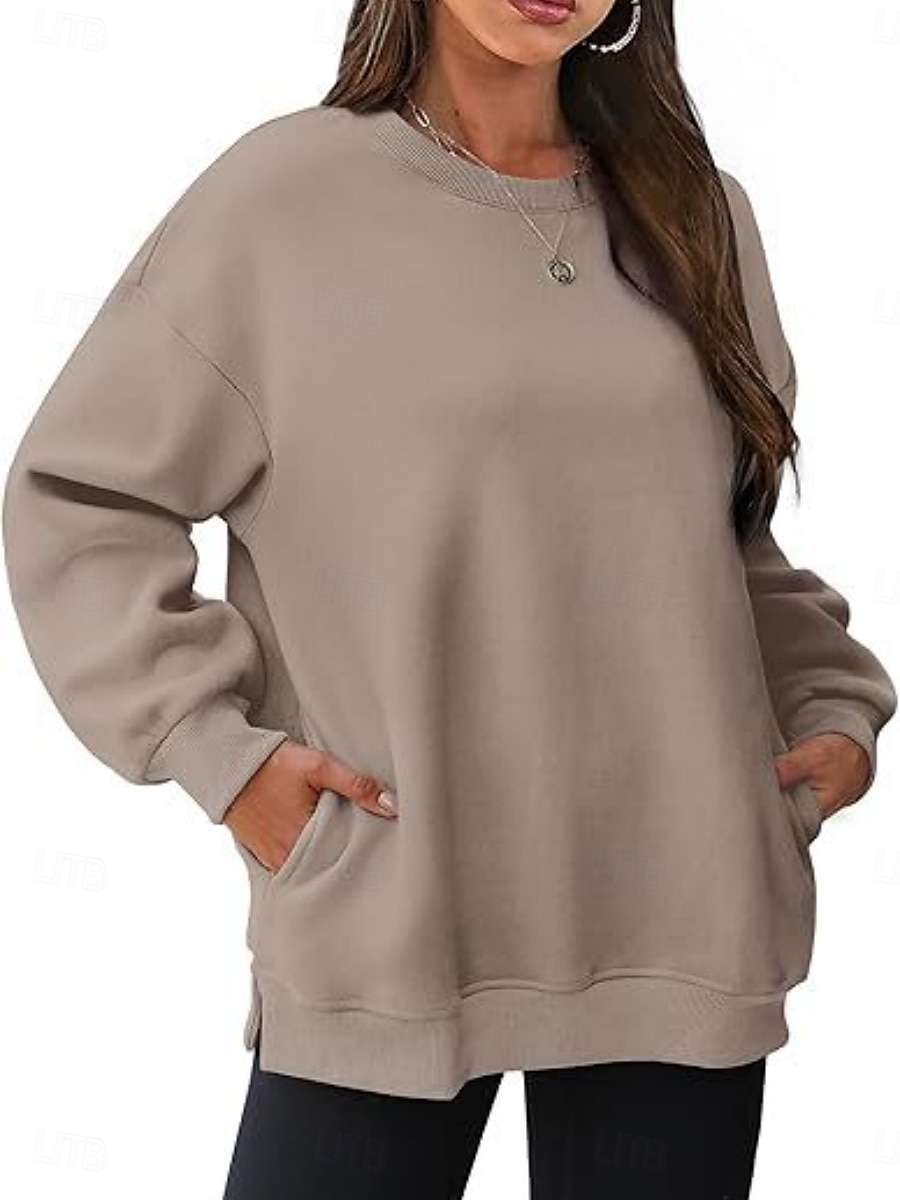 női pulóver alkalmi sima utcai mindennapi ruha legénységi nyakú zseb hosszú ujjú fekete rózsaszín khaki ősz tél 2025 - $29.99 –P5