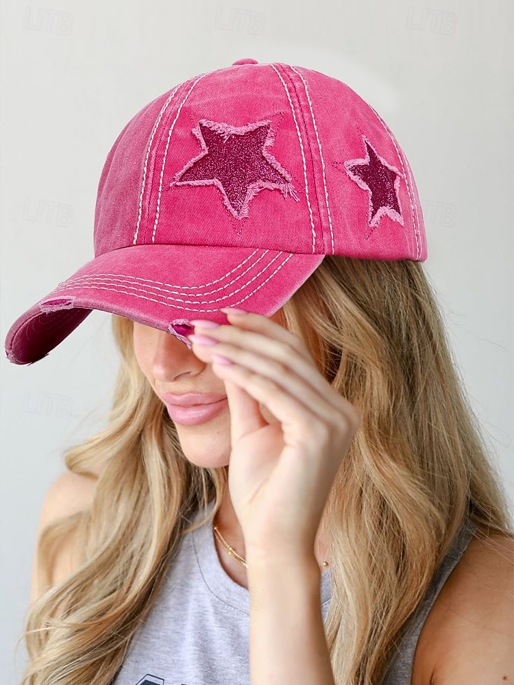 distressed baseballcaps for kvinner med stjernebroderi, hestehale-hulldesign, justerbar hatt i vintagestil for utendørsaktiviteter, sport og fritidsklær 2025 - $11.99 –P1
