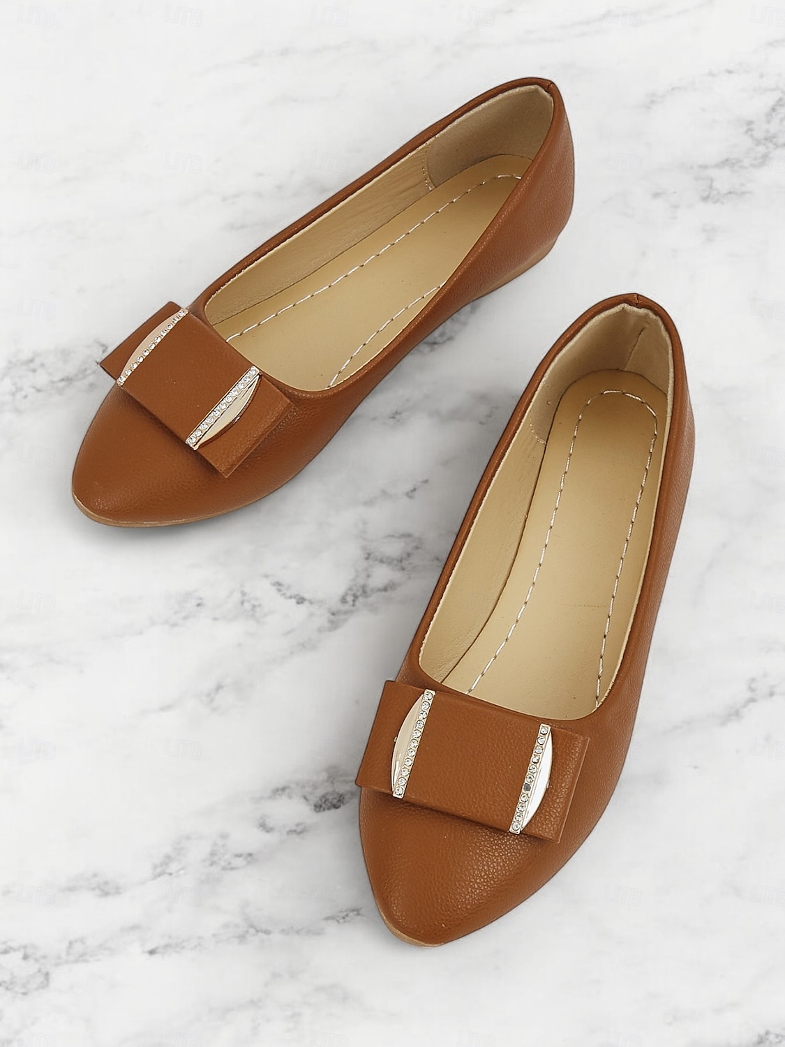Women's Brown Faux Leather Pointed-Toe Flats with Bow and Rhinestone Detailing - Casual and Office Wear Shoes 2025 - $19.99 –P5