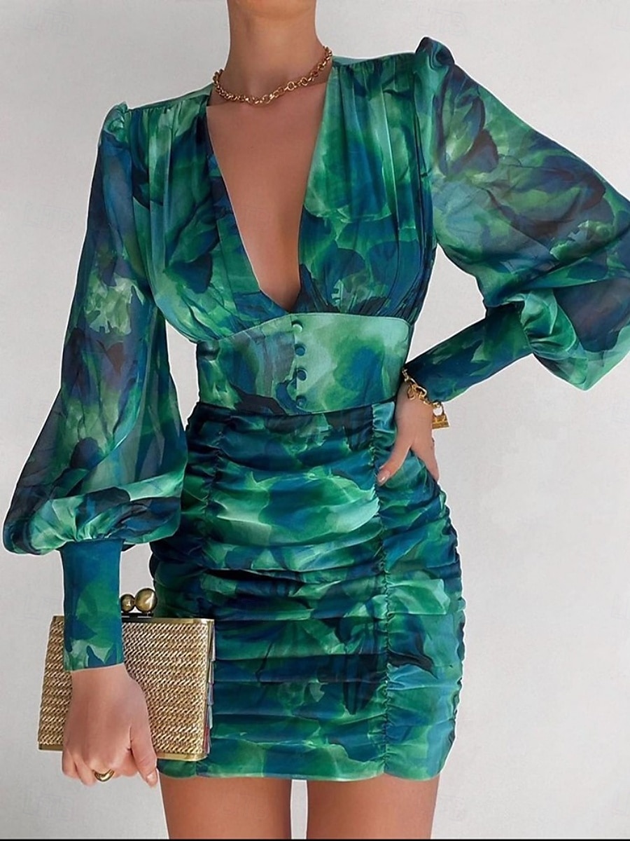 Damskie Sukienka mini Codzienne sukienki Bodycon Elegancki Codzienny Urlop Codzienny Regularny Kwiaty Długi rękaw W serek Zielony Jasnoniebieski Wiosna Jesień 2025 - $51.99 –P1