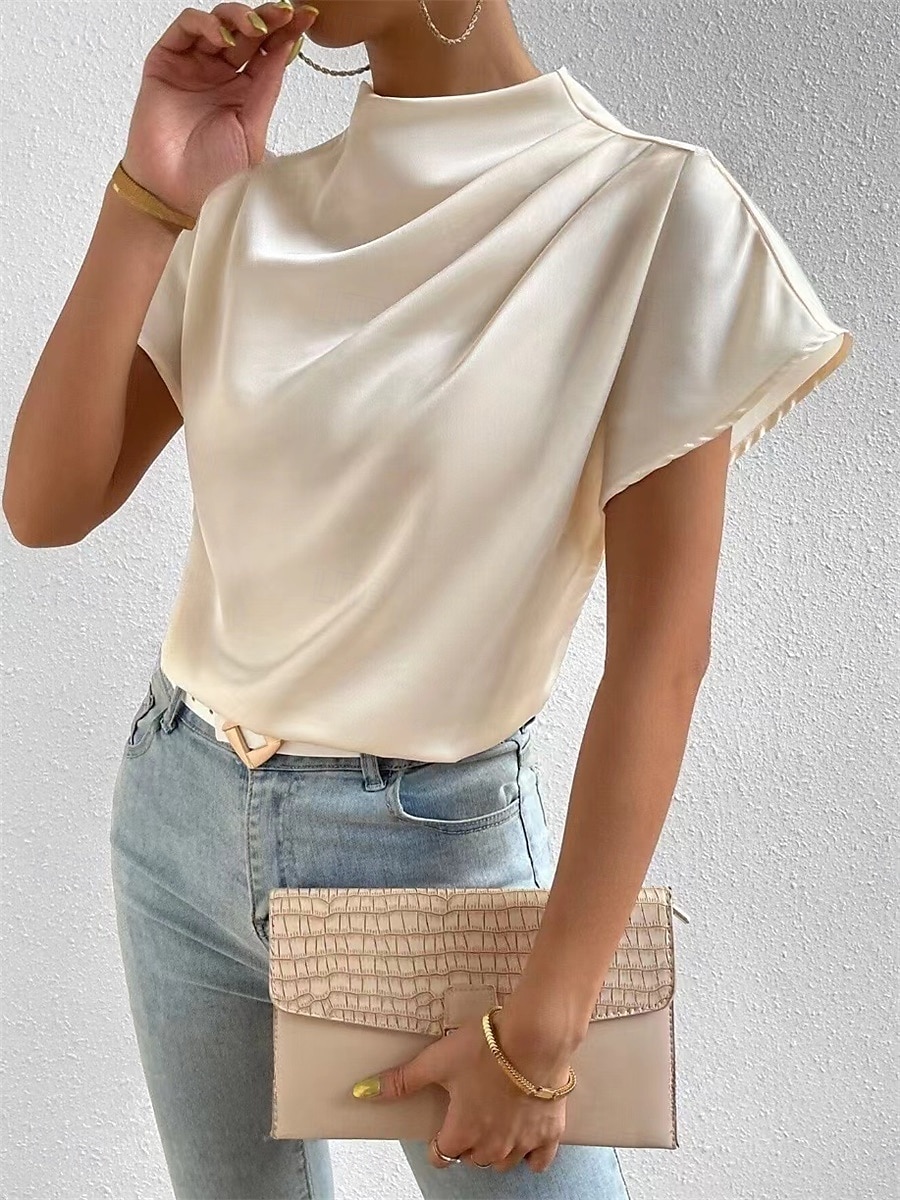Dame Bluse Helfarge Daglig Stilfull Fritid Kortermet Crew-hals Vanlige topper Daglig Lapper Svart Hvit Rosa Sommer Vår Høst 2025 - $23.99 –P3