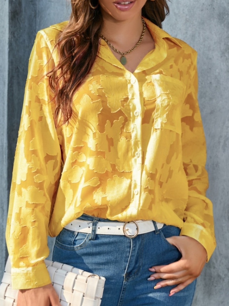 Kvinners hvite elegante blonde topper øyelet bluse uformell ensfarget vanlig topper lang erm skjortekrage knapper lomme vanlig passform daglig romantiske petite topper sommerferie slitasje hvit gul 2025 - $21.99 –P10