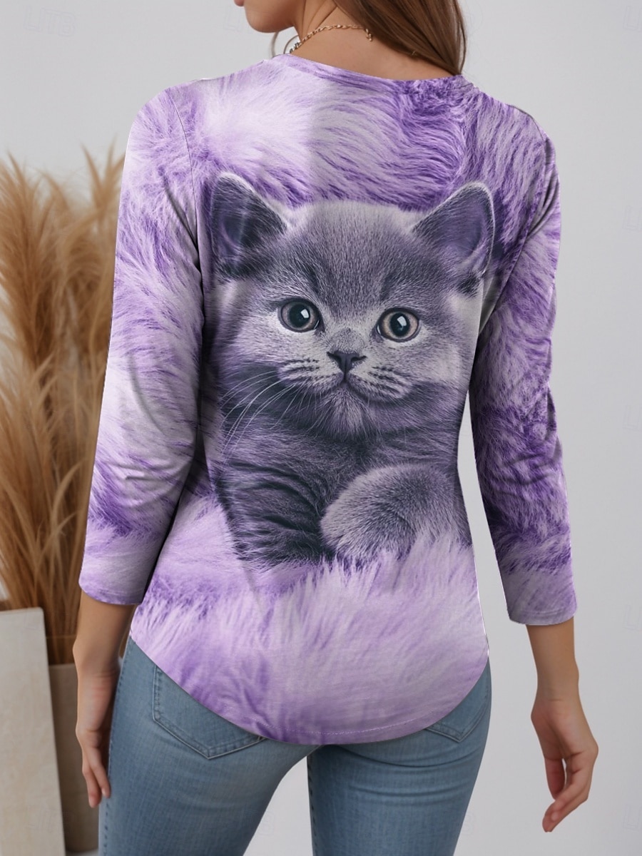 Femme T shirt Chat Mode Moderne Décontractées manche longue Col Ras du Cou Hauts réguliers du quotidien Fin de semaine Imprimer Violet Automne Hiver de 2025 ? $27.99 –P2