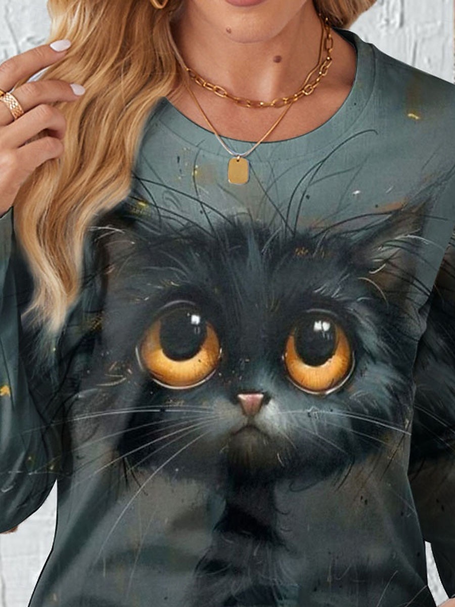 2025年 女性用 Tシャツ 猫 カジュアル 長袖 クルーネック レギュラートップス 日常 プリント グレー 春 秋 コレクション – $22.99 –P3
