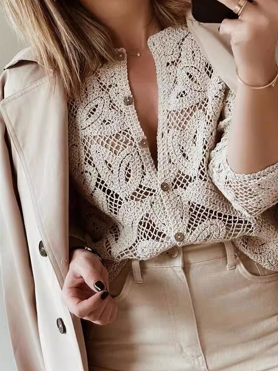 Dame Bluse Helfarge Grunnleggende Fritid Langermet Crew-hals Vanlige topper Daglig Uthult Knapper Kakifarget Høst Vinter 2025 - $34.99 –P4