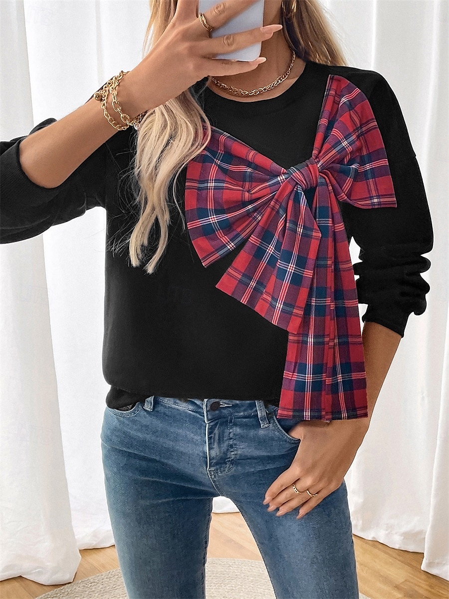 Per donna Di tendenza Informale Manica lunga Girocollo Top regolari Strada Informale Sport Collage Nero Autunno Inverno del 2025 a $35.99 –P2