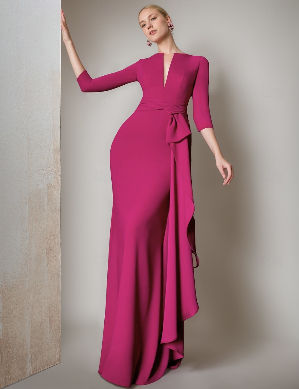 Schwarze Meerjungfrau Abendrobe Elegantes Kleid Formell Herbst Bodenlänge 3/4-Ärmel V-Ausschnitt Stretch-Crêpe mit Federgerafften Rüschen 2025 2025 - $172.99 –P1