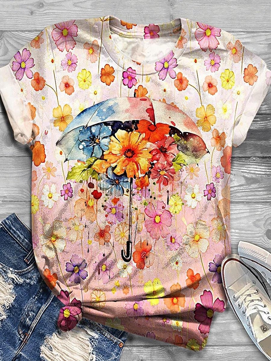 Dame T skjorte Blomstret Fritid Kortermet Rund hals Vanlige topper Daglig Trykt mønster Rosa Sommer 2025 - $19.99 –P1