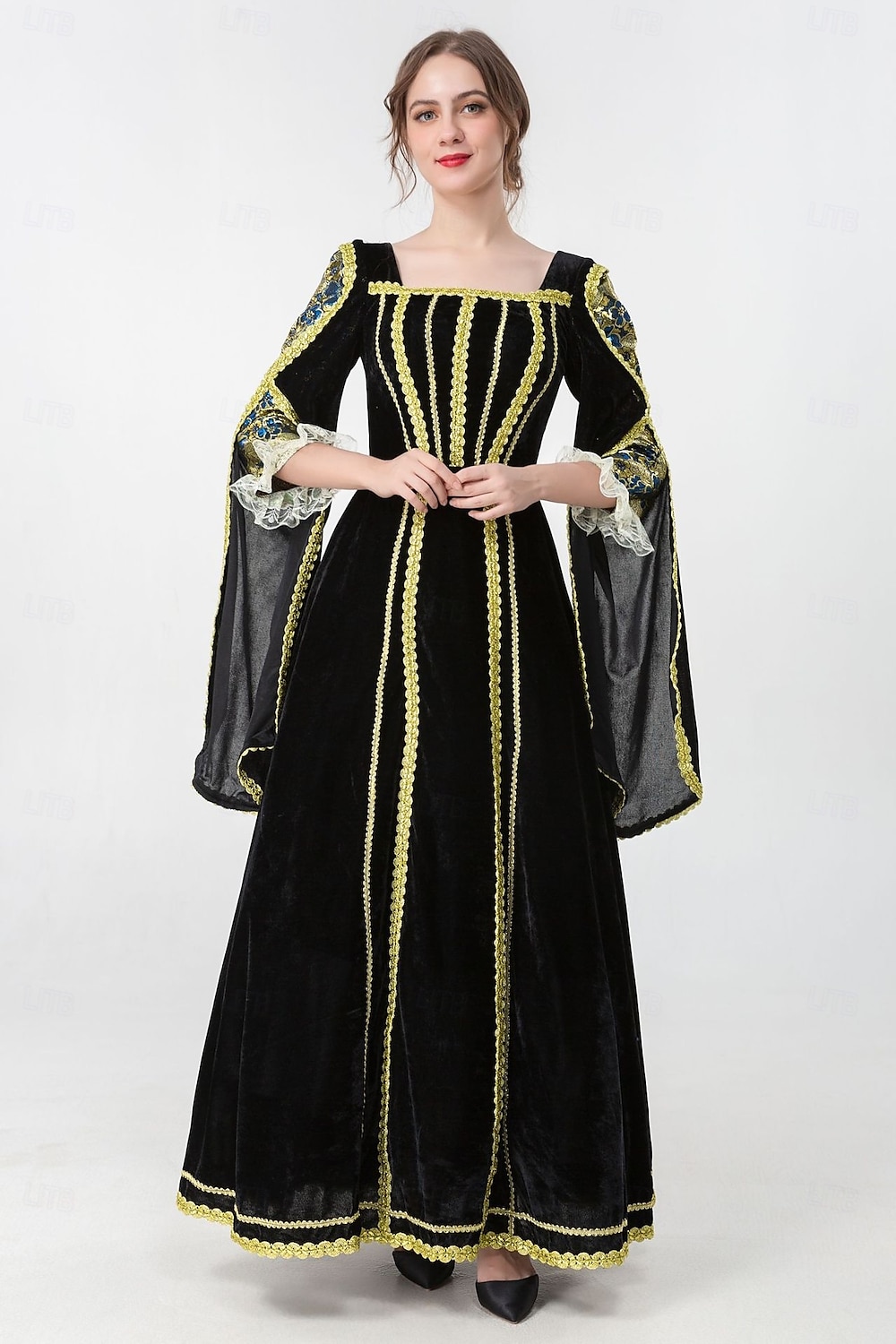 Mittelalterlich Renaissance Vintage-Kleid Maxi Kleid Glockenärmel Königin Wikinger Einfarbig Quadrathals Kostüm Damen königlich Halloween Karneval Maskerade Abschlussball Festival Erwachsene Kleid 2026 - $60.99 –P2