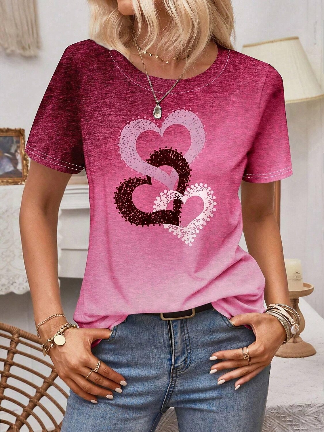 Women's T Shirt Heart Casual Short Sleeve Round Neck Regular Tops Daily Print Pink Blue Purple Summer 2025 - $19.99 –P1