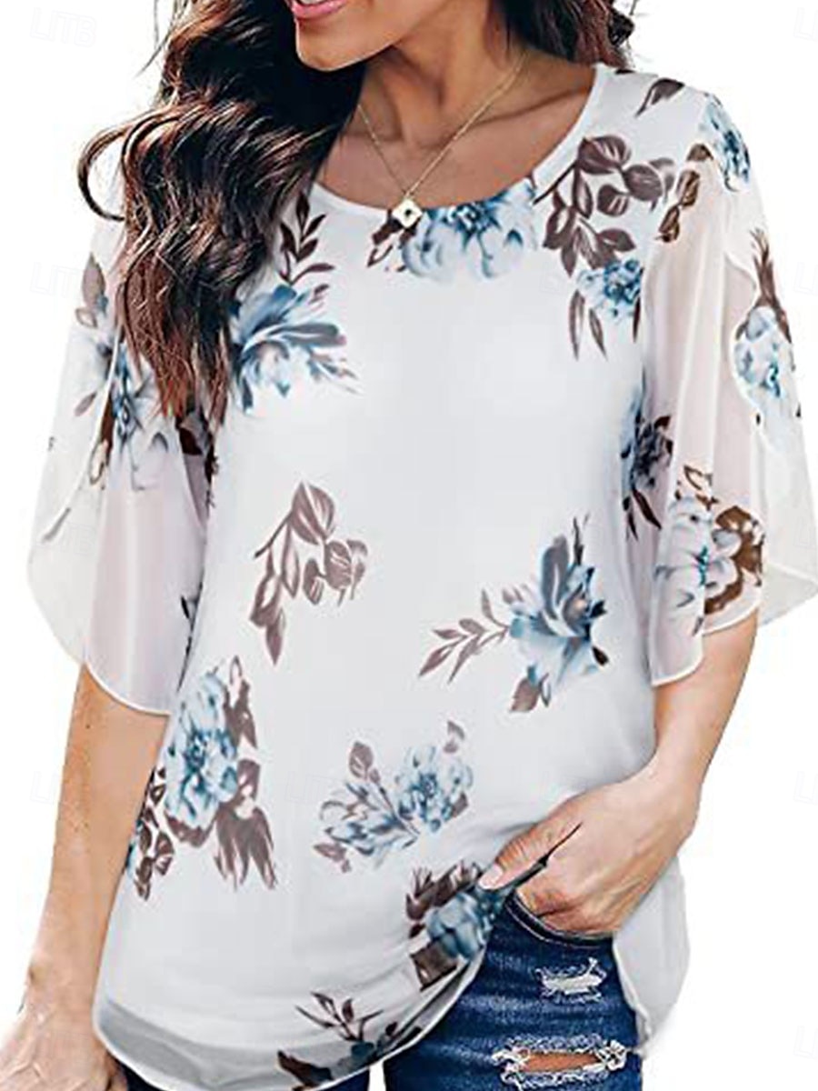 Damen Bluse Graphic Stilvoll Brautkleider schlicht 3/4 Ärmel Rundhalsausschnitt Normale Oberteile Urlaub Party Arbeit Schwarz Weiß Blau Frühling Herbst 2025 - $29.99 –P2
