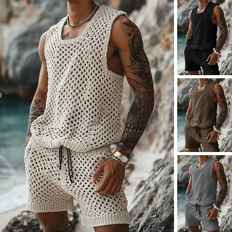 Men's T-shirt Suits 2 Piece Summer Tracksuit Set Casual Sleeveless Suit Crew Neck Summer Knitwear Bohemia Vacation Knitted Vacation Black Brown Beige Top Tee for Men 2025 - $37.99 –P1