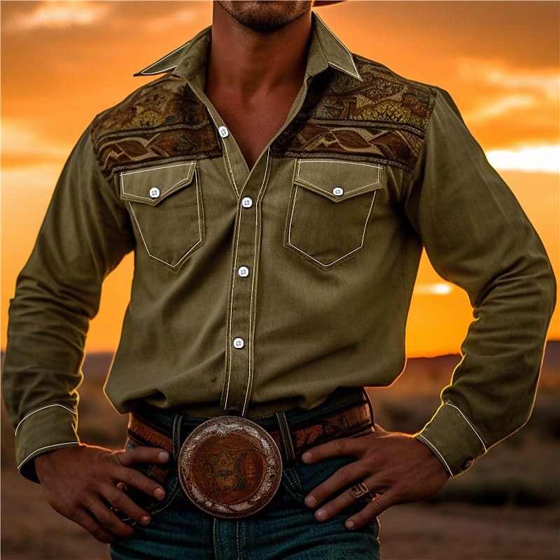 Hombre Tribal Impresión de pañuelo Camisa camisa occidental Manga Larga Camisa Cuello Vuelto Vintage Exterior Calle Casual Diario Rosa Rojo Azul S M L 2026 - $14.49 –P8