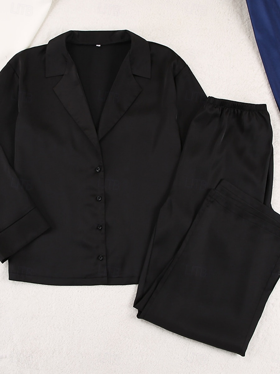 Pentru femei Set pijama Casual Confortabili Culoare pură Butonul sus Talie elastică Cămașă Pantaloni Casă Zilnic Manșon Lung Guler Cămașă Negru Trifoi Vară Primăvară Toamnă Fit regulat 2025 - $54.99 –P6