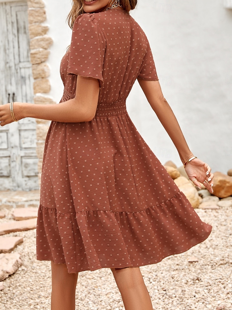 Dam Mini klänning Vardagsklänning A linjeklänning Stylish Grundläggande Ledigt Semester Dagligen Normal Slät Kortärmad V-hals Ljusgrön Rubinrött Sommar Vår 2025 - $38.99 –P2