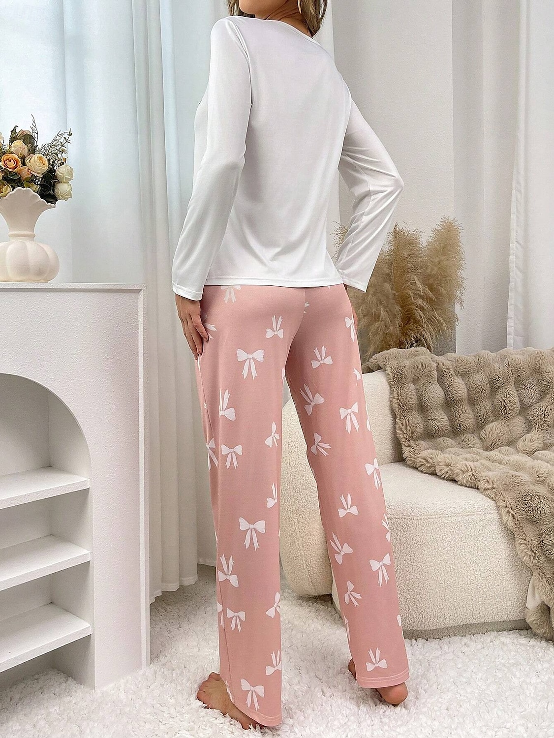 Dam Pyjamas set Ledigt Komfort Comfrt Hjärta T-shirt Byxa Hem Långärmad Rund hals Rodnande Rosa Vår Höst Vinter 2025 - $31.99 –P3