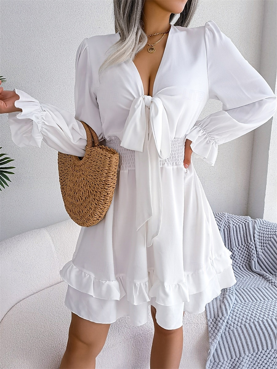 Mujer Mini vestido Vestido informal Vestido de una línea Elegante Estilo lindo Casual Vacaciones Fiesta Diario Ajuste regular Plano Manga Larga Escote en Pico Blanco Rosa Azul Piscina Primavera Otoño 2025 - $35.99 –P15