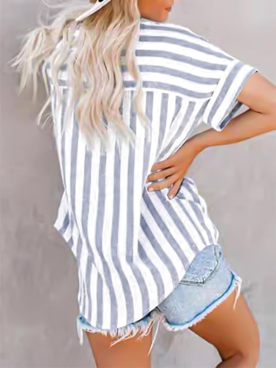 Women's Shirt Blouse Striped Casual Short Sleeve Shirt Collar Regular Tops Daily Buttons Print Blue Gray Summer Spring 2025 - $28.99 –P9