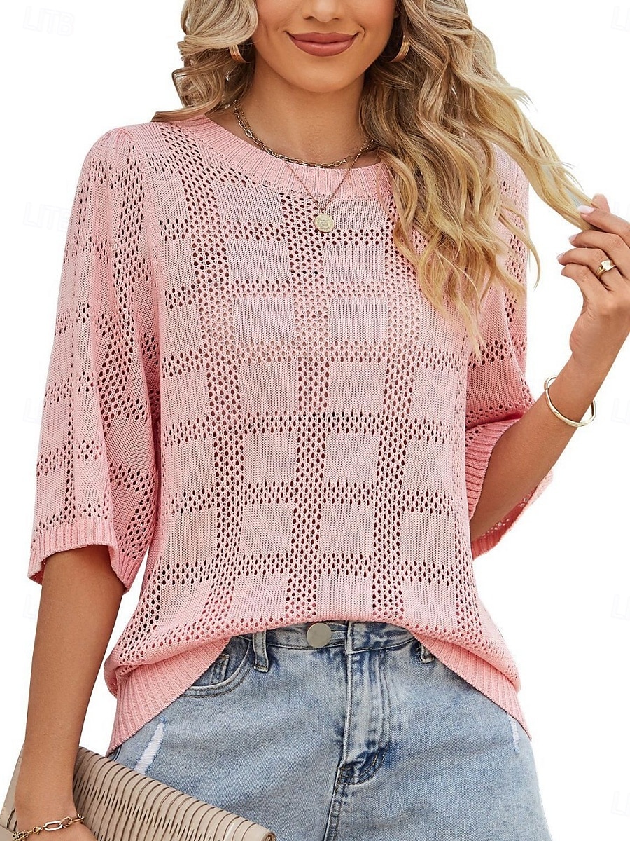 2025年 女性用 ニット カジュアル ソフト ピュアカラー リブ クルーネック ニット 七分袖 レギュラートップス ニット アウトドア 日常 週末 ホワイト ピンク 春 秋  コレクション – $27.99 –P3