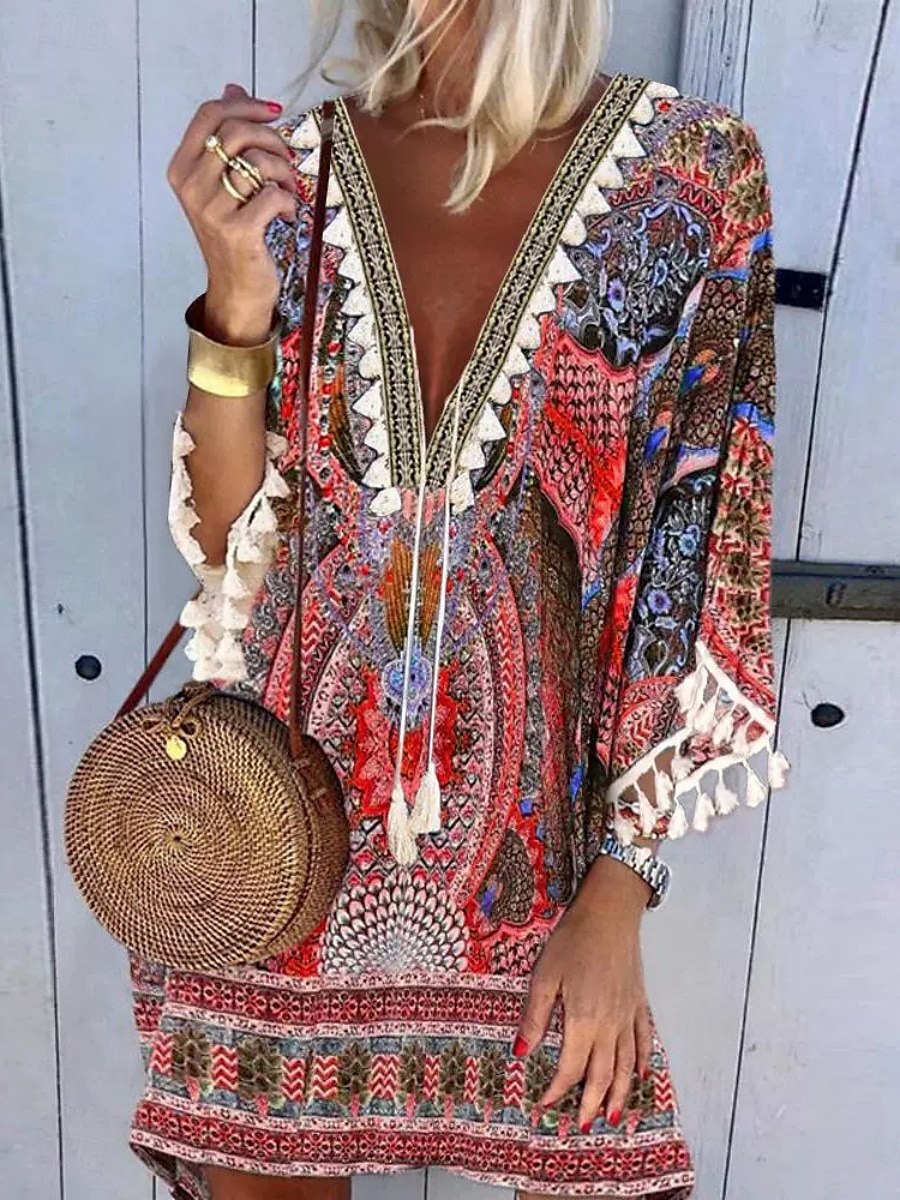 Pentru femei Rochie Mini Rochie casual Rochie Boho Stilat Casual Vacanță Zilnic Fit regulat Floral Lungime Manșon 3/4 În V Roșu-aprins Vară Primăvară 2025 - $48.99 –P1
