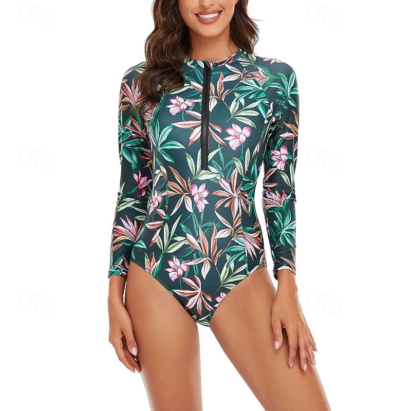 Per donna Top sottomuta Costume Intero Floreale Patchwork Stampato Cerniera Frontale Asciugatura Rapida Leggero Traspirante Manica Lunga Body costume da bagno Surf Spiaggia Sport Acquatici Estate del 2026 a $32.99 –P16