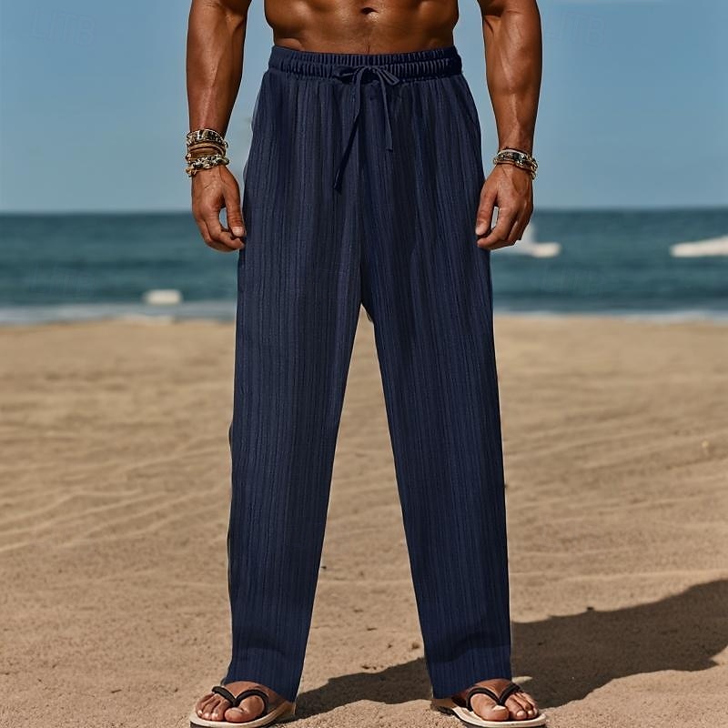Herr Linne Byxor Långbyxor Sommarbyxor Strandbyxor Snörning Elastisk midja Rakt ben Slät Komfort Andningsfunktion Fullängd Dagligen Helgdag Strand Semester Mode Svart Vit 2025 - $20.99 –P11