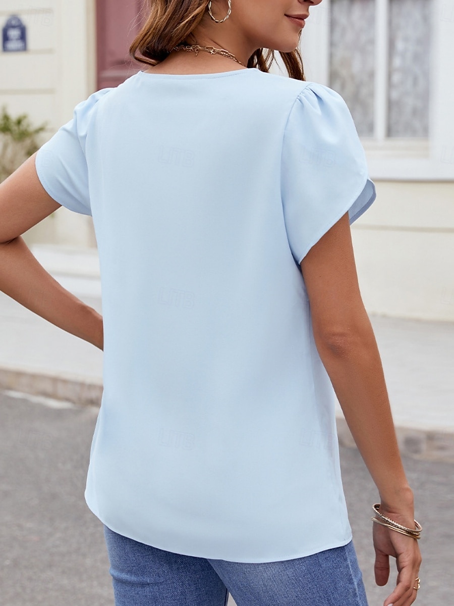 Dame Skjorte Bluse Helfarge Grunnleggende Fritid Kortermet V-hals Vanlige topper Daglig Perler Svart Himmelblå Fuksia Sommer Vår 2025 - $23.99 –P3