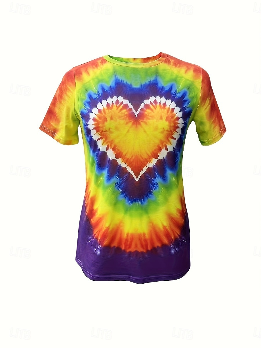 Valentine Dame Hjerte T-Skjorte Sød Tie Dye Vanlige Topper Kort Erme Rund Hals Print Vanlig Passform Daglig Regnbue Sommer 2025 - $19.99 –P2