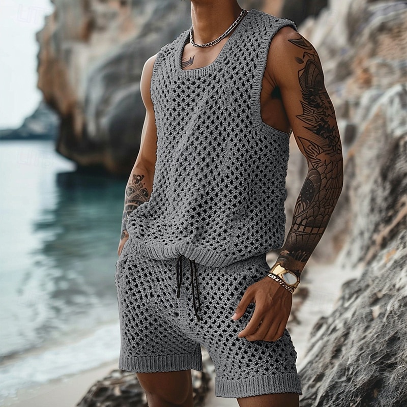 Men's T-shirt Suits 2 Piece Summer Tracksuit Set Casual Sleeveless Suit Crew Neck Summer Knitwear Bohemia Vacation Knitted Vacation Black Brown Beige Top Tee for Men 2025 - $37.99 –P6
